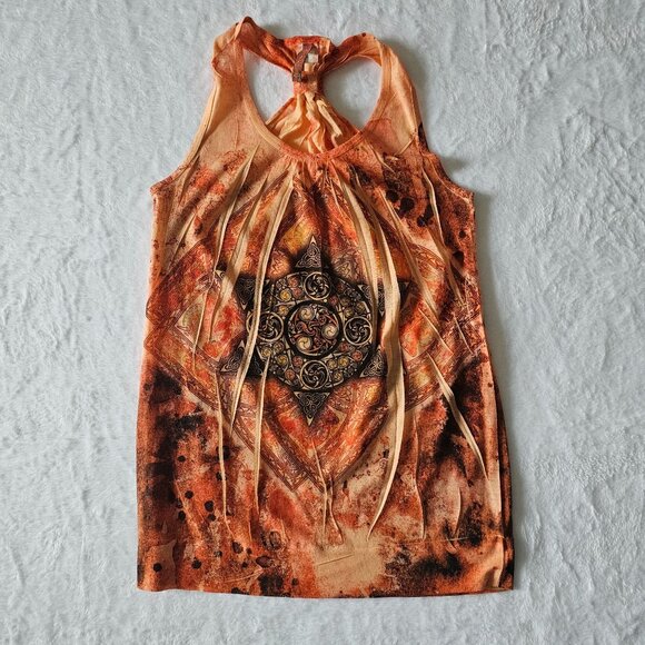 Vintage Orange Geometric Tribal Print Sleeveless Racerback Top Women's Large - Picture 4 of 11